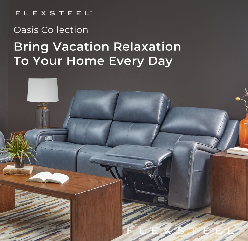 Blue leather recliner chair, partially reclined.