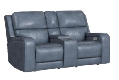 Gray leather reclining sofa with two reclined seats and headrests.