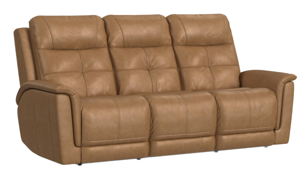 Tan leather reclining sofa with three seats.