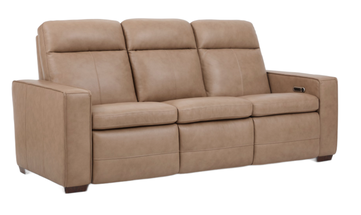 Tan leather recliner sofa with three seats and headrests.