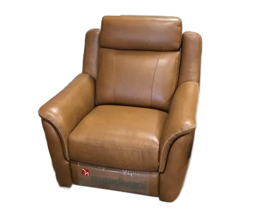 A tan leather recliner chair with visible stitching detail on the arms, featuring a protective plastic cover at the base.