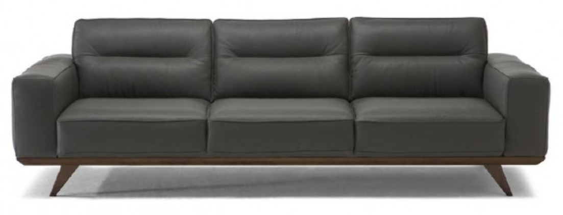 Dark gray modern sofa with angled black legs.
