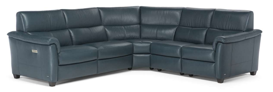 Dark teal leather sectional sofa with reclining features.