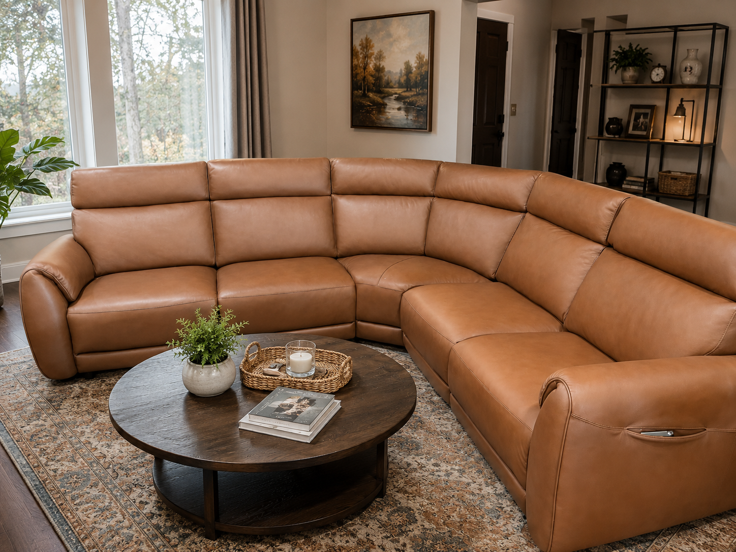 Brown leather sectional sofa, reclined sections.