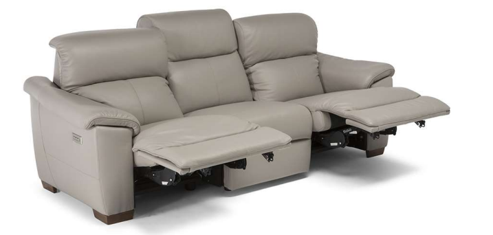 Gray leather reclining sofa with three seats and two footrests extended.