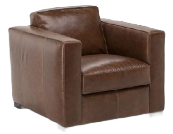 Brown leather armchair with square arms and back.