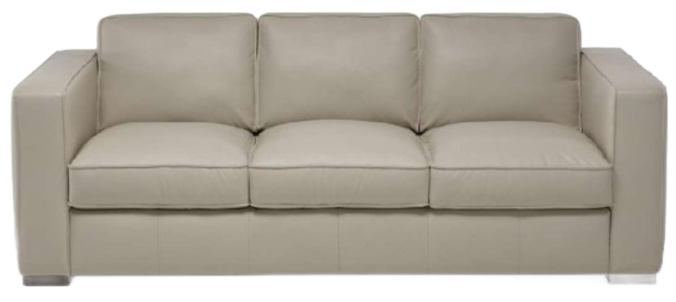 Brown leather armchair with square arms and back.