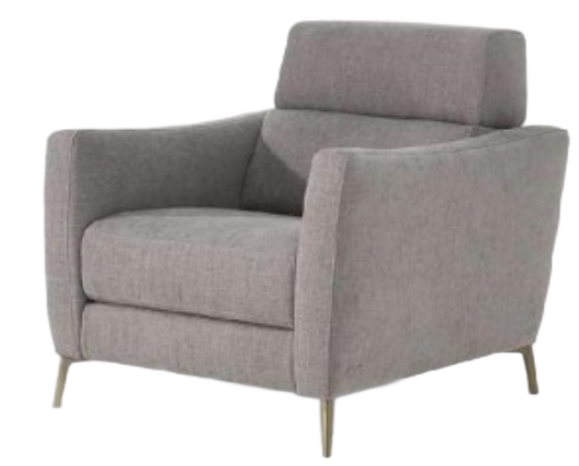 A gray leather loveseat with two adjustable headrests and thin metal legs.