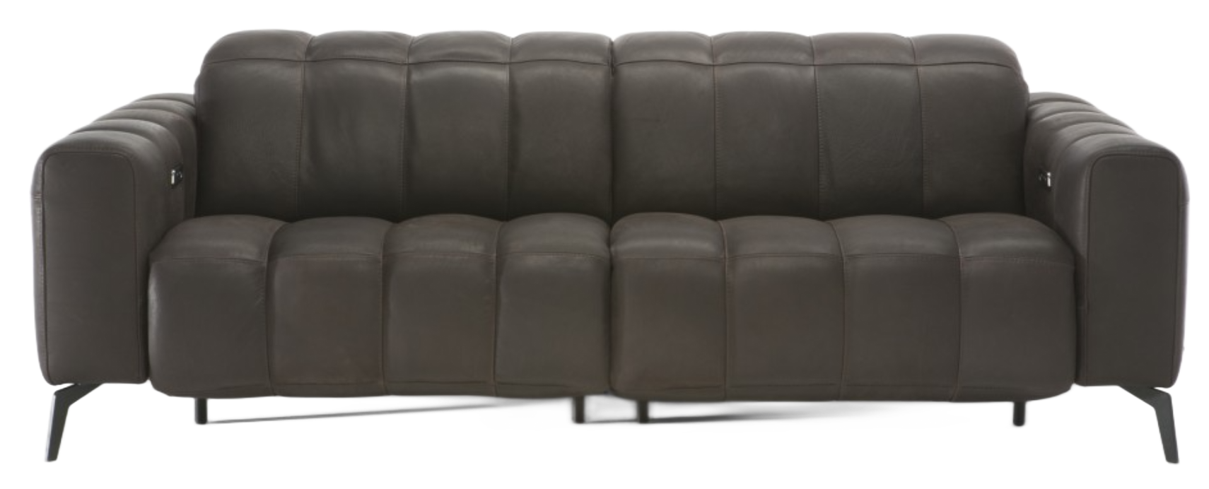 Dark gray leather sofa with tufted cushions, on black metal legs.