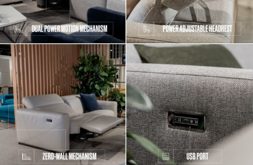 Four-panel collage showcasing a light gray sofa with features: power motion, adjustable headrest, zero-wall design, and USB.