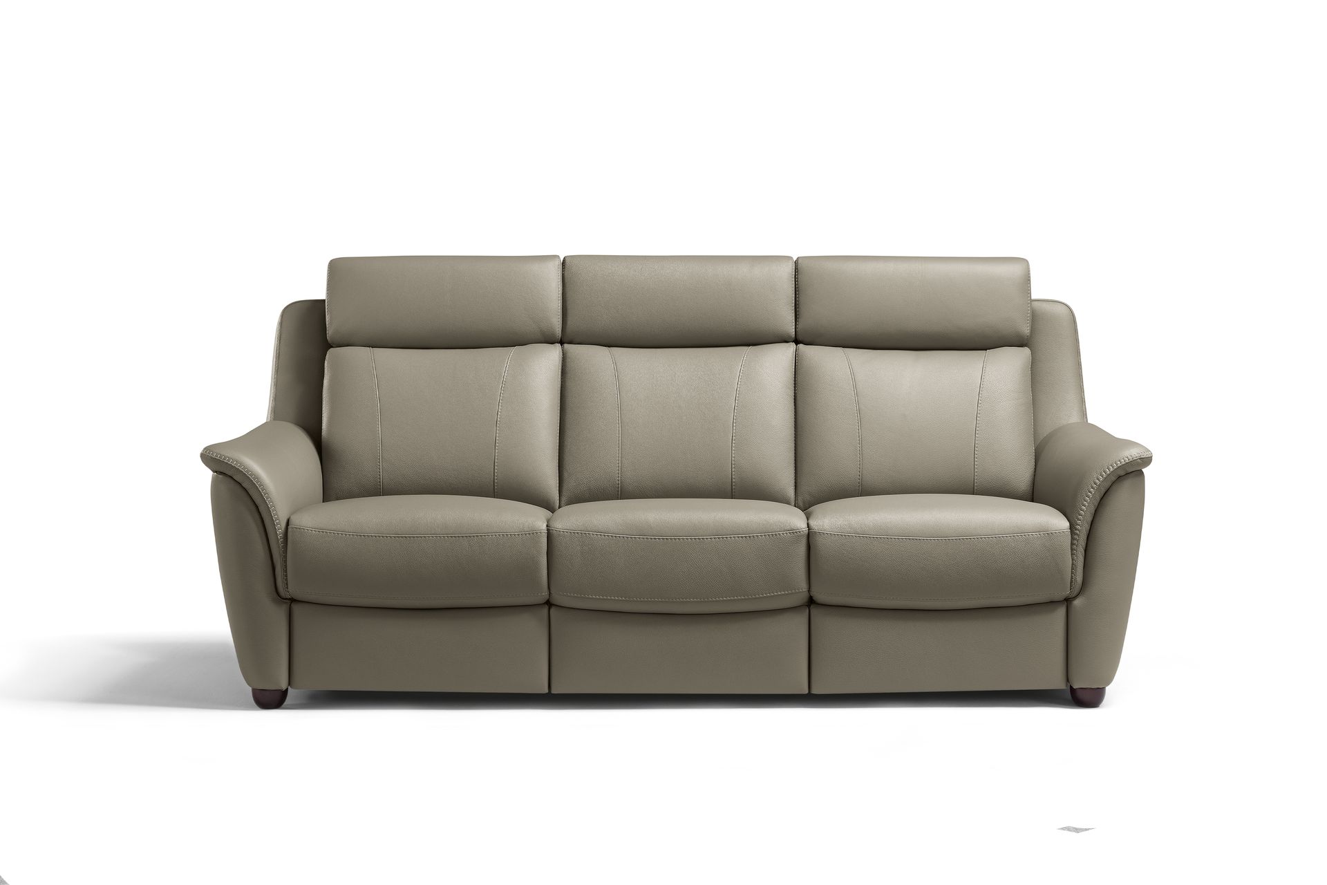 Gray leather three-seat sofa with individual headrests, against a white background.