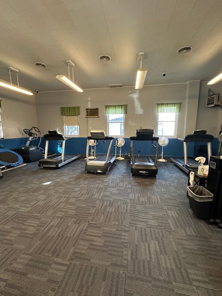 Gym interior with treadmills and exercise equipment. Windows, overhead lights, and patterned carpet.