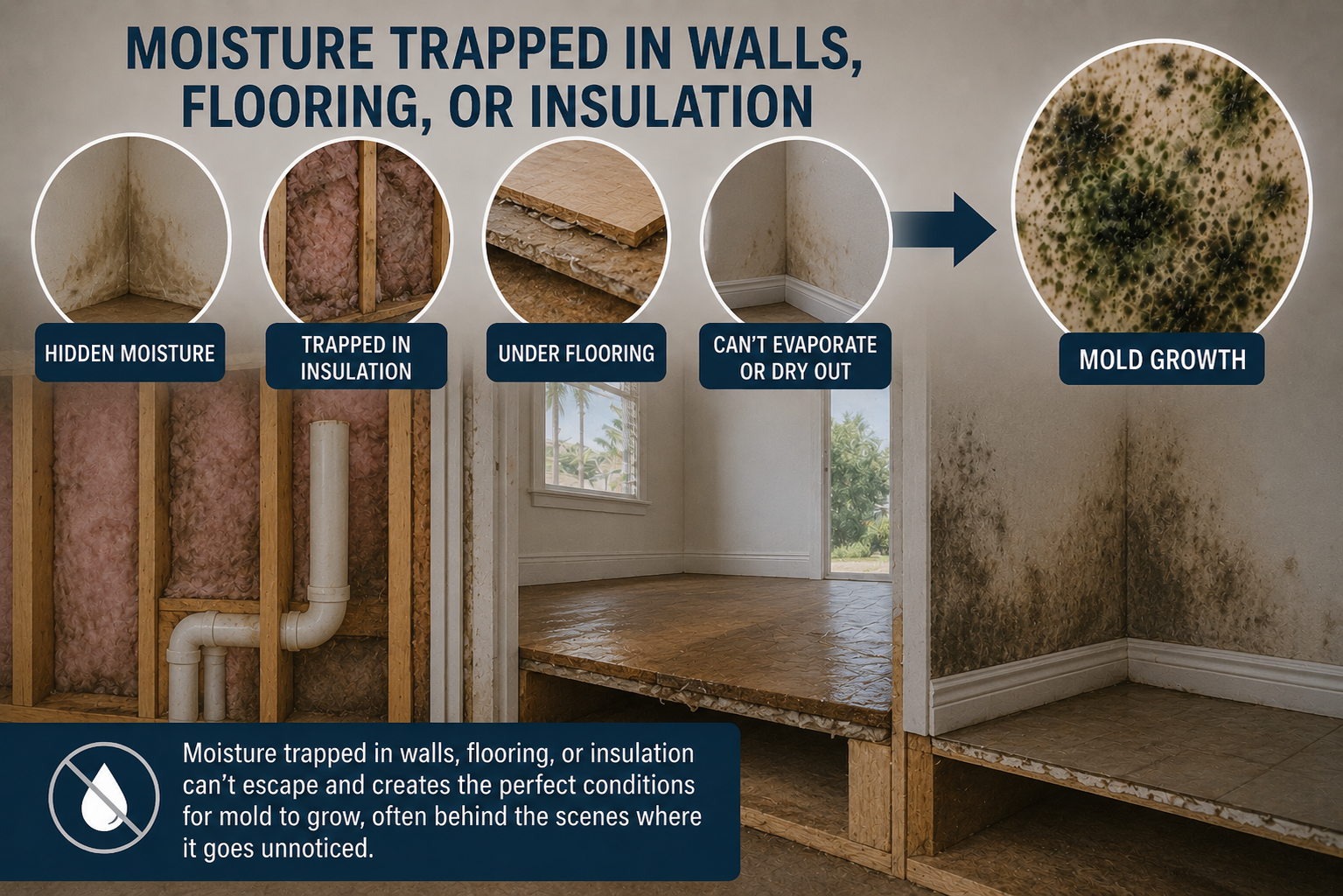 Moisture trapped in walls, flooring, or insulation