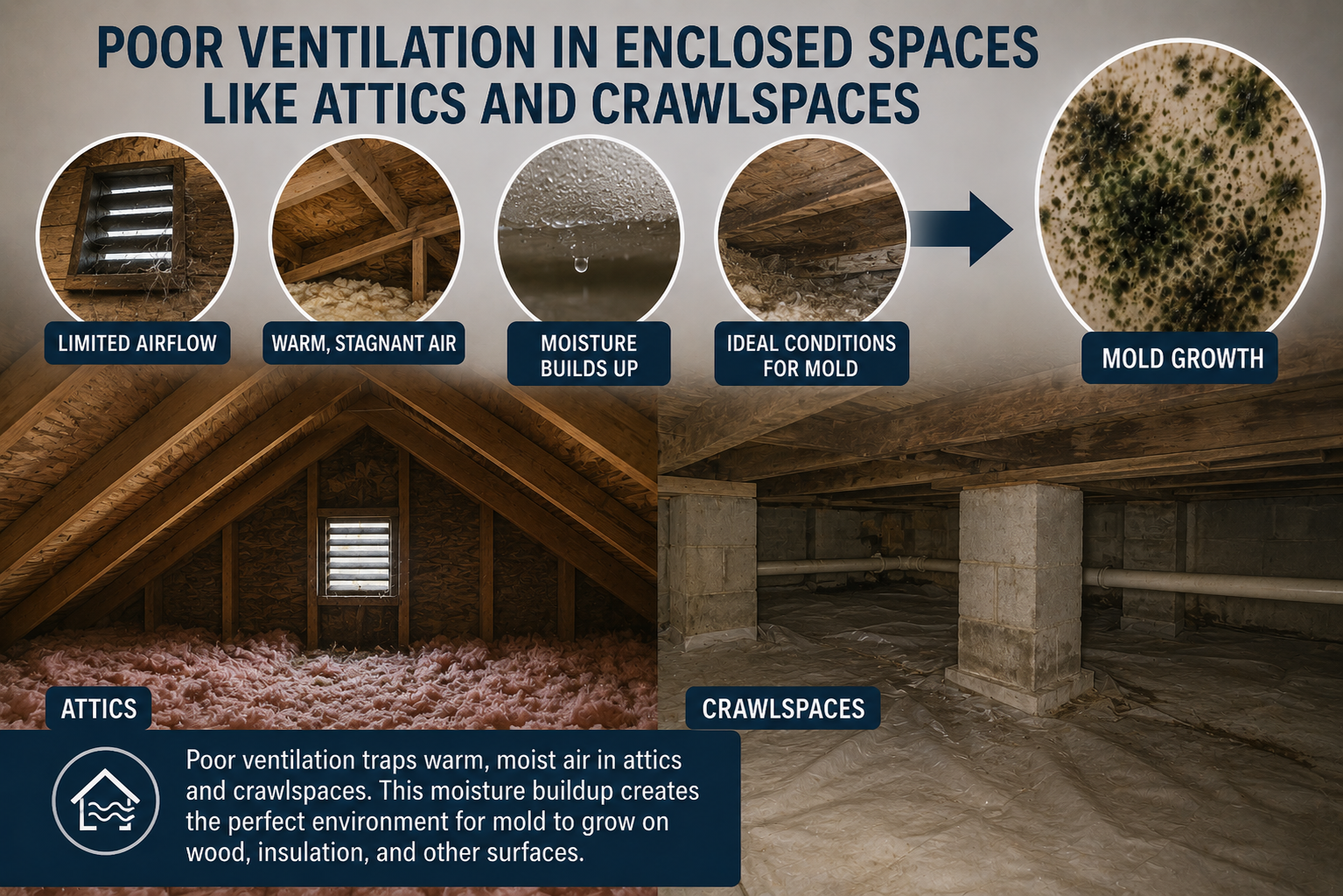 Poor ventilation in enclosed spaces like attics and crawlspaces