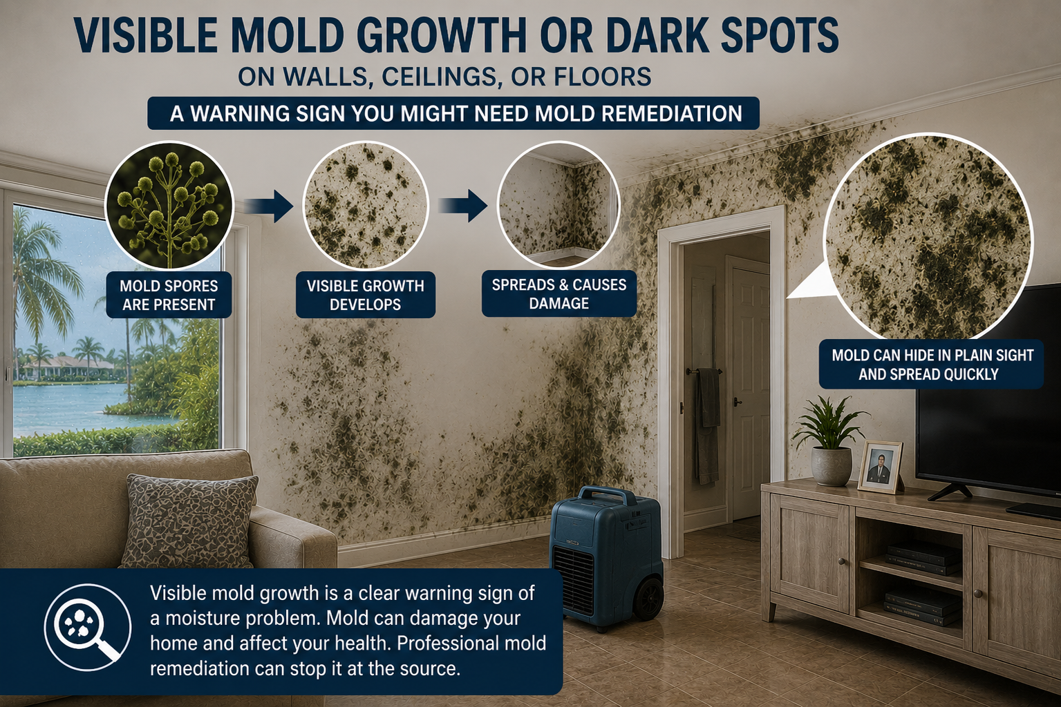 Visible mold growth or dark spots on walls, ceilings, or floors