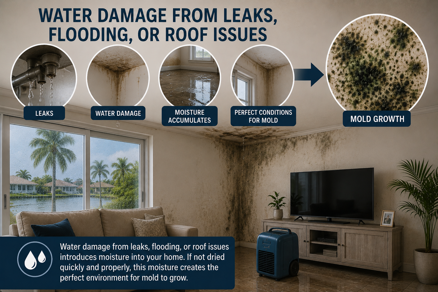 Water damage from leaks, flooding, or roof issues