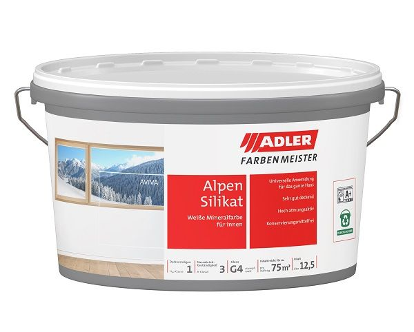 Weißer Farbeimer mit der Aufschrift „ADLER Alpen Silikat“ mit weißer Grundierung für den Innenbereich