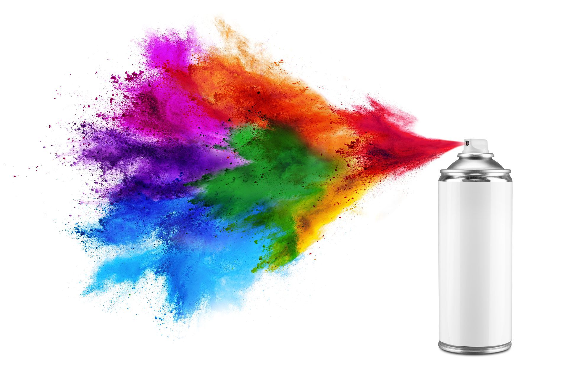 Bunte Regenbogenfarben aus einer Farbdose auf weißem Hintergrund