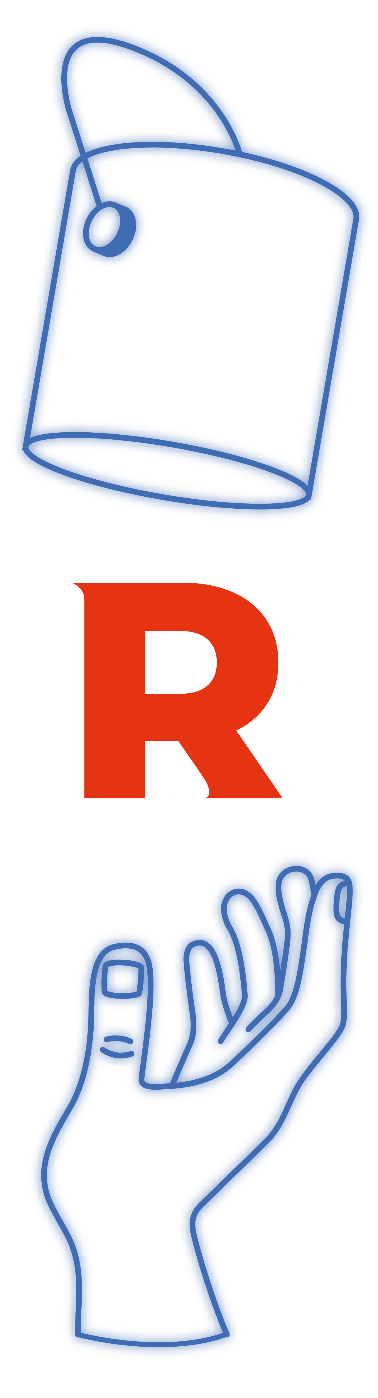 Blaues, megafonähnliches Symbol über einem roten R und einem blauen Handgestensymbol auf weißem Hintergrund