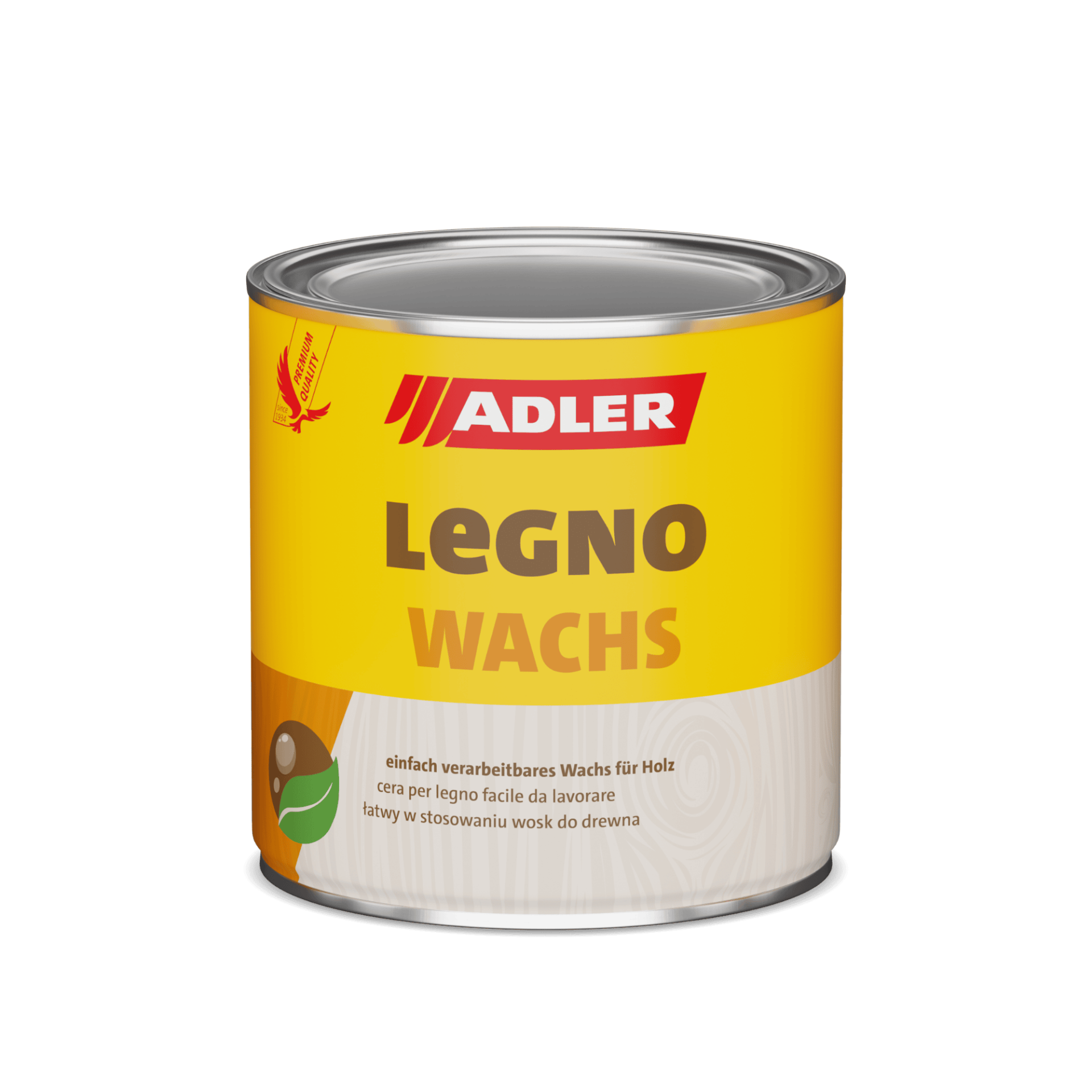 Gelbe Dose Adler Legno Wachs Holzwachs mit rotem Logo auf weißem Hintergrund