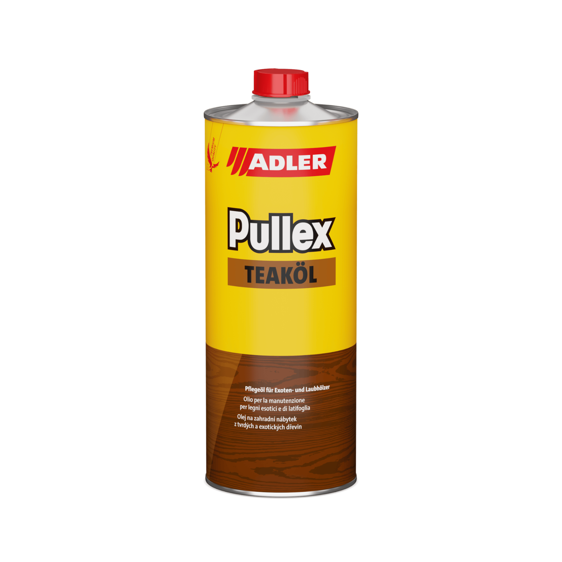 Adler Pullex Teaköl Holzöldose mit gelb-braunem Etikett, rotem Deckel, auf weißem Hintergrund
