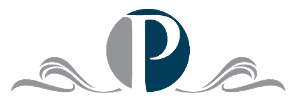 Stylized blue-and-gray “P” logo with decorative gray waves on each side