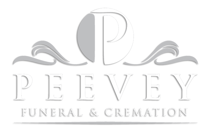 Peevey Funeral & Cremation logo in silver-gray with stylized P monogram and decorative flourishes