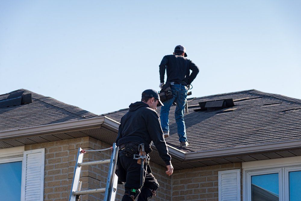 Two roofers on a shingled house roof inspecting damage under a clear sky