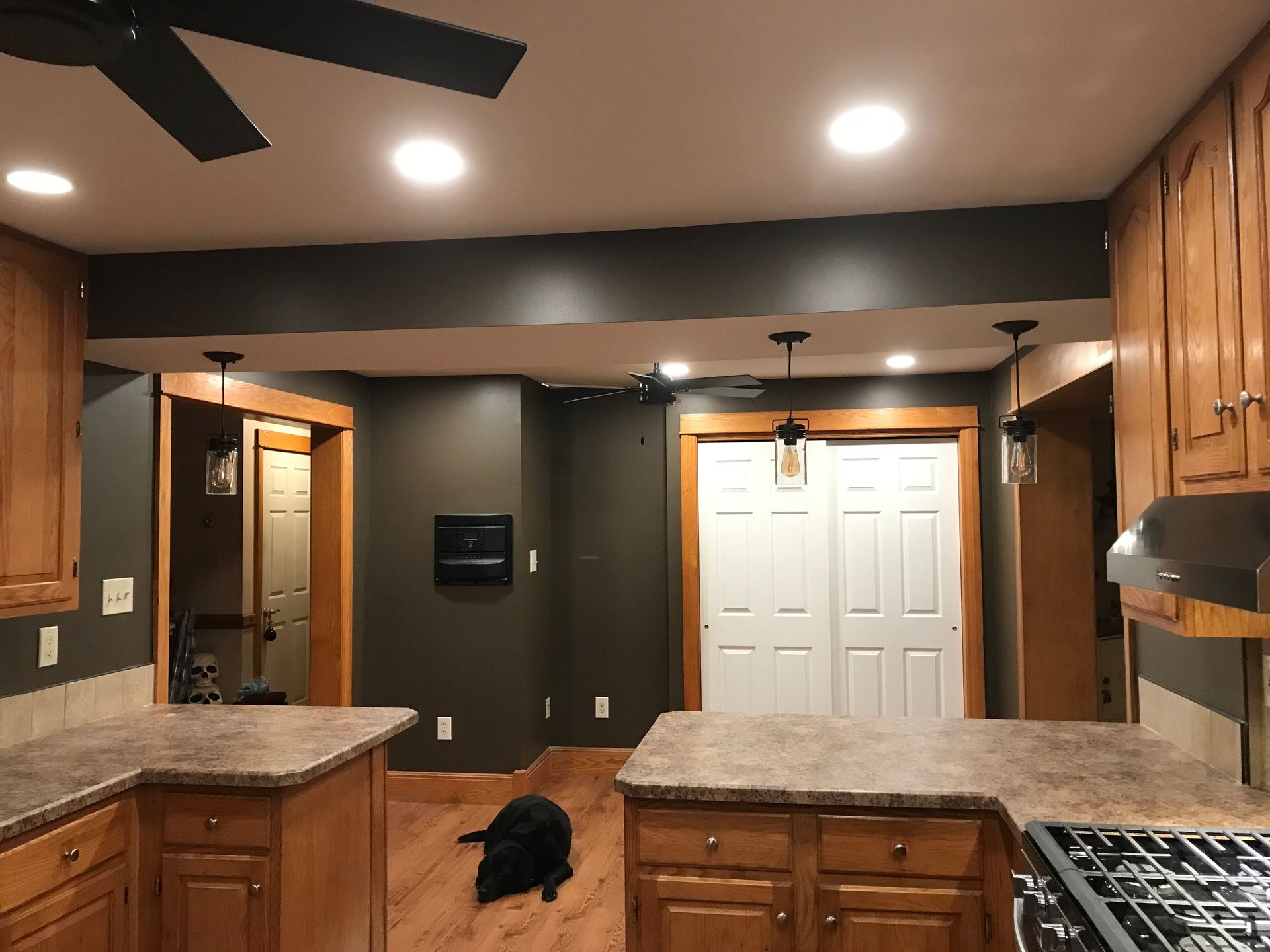 Kitchen with dark wood cabinets, granite counters, white double doors, and a black cat on the island counter