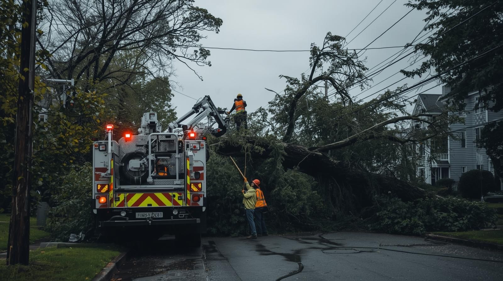 Fire truck and workers clearing a fallen tree blocking a wet road after a storm.