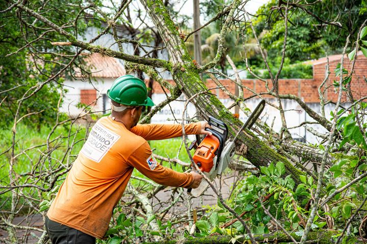 Worker using a chainsaw to cut fallen tree branches near a brick wall and house