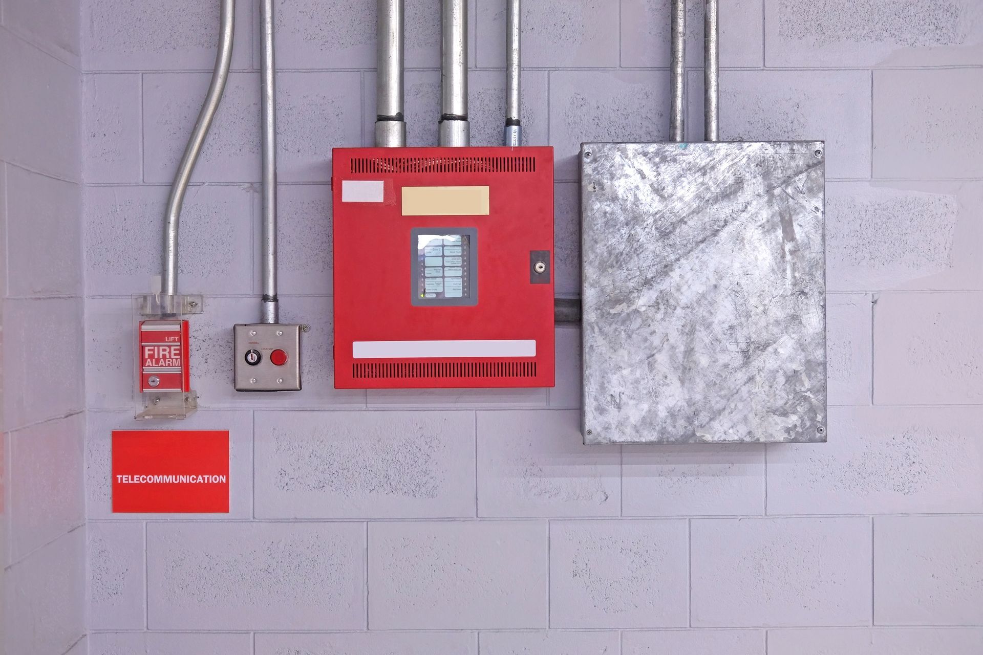 A fire alarm switch on the wall, showcasing fire safety services. A fire alarm switch on the wall, showcasing fire safety services.