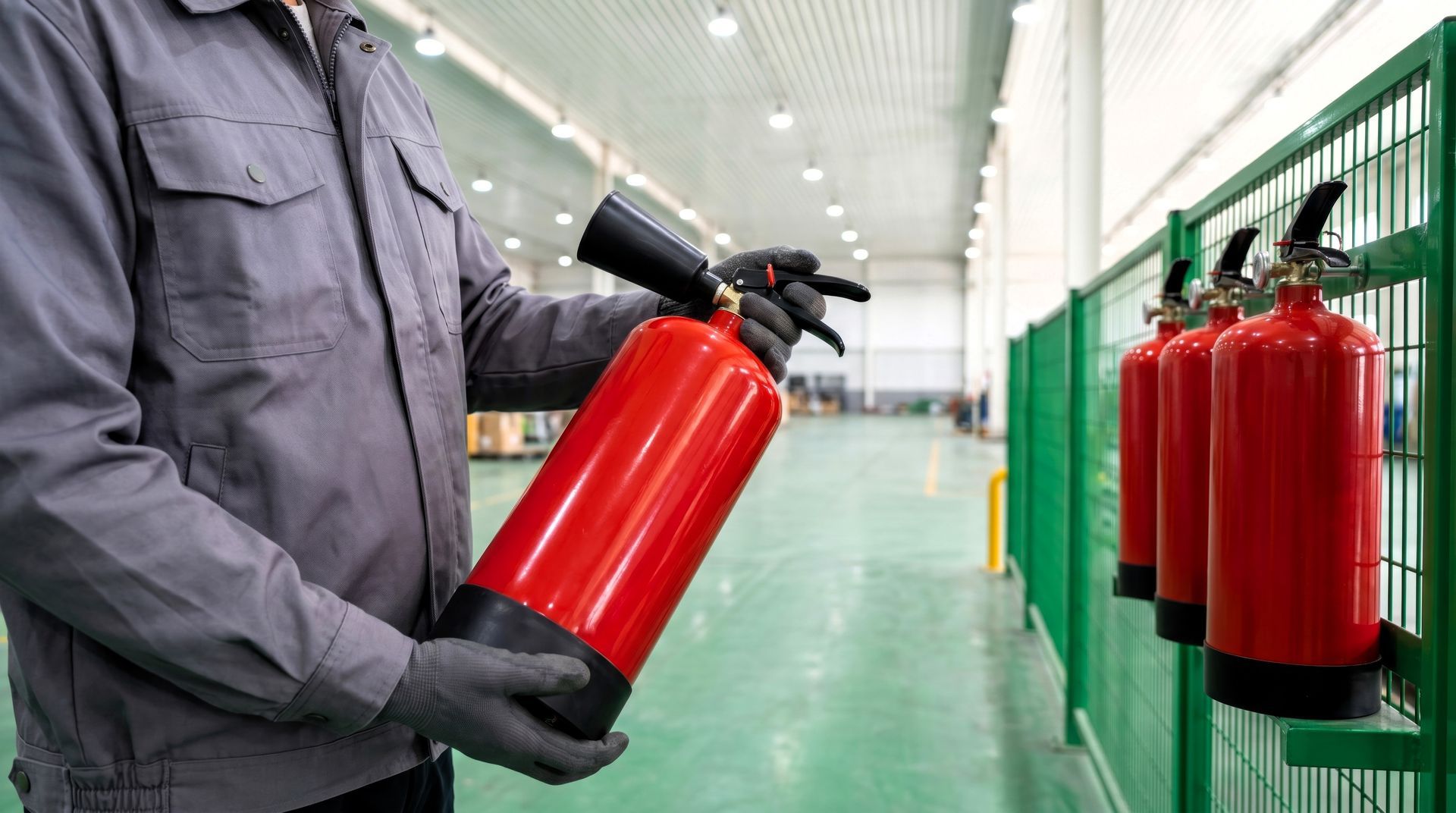 Fire safety technician inspecting a portable fire extinguisher during a compliance visit