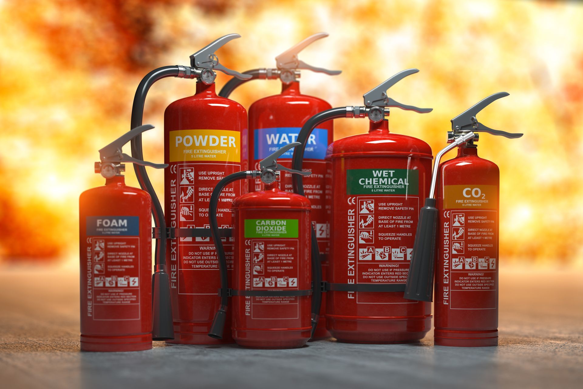 Various types and different sizes of fire extinguishers. Various types and different sizes of fire extinguishers.