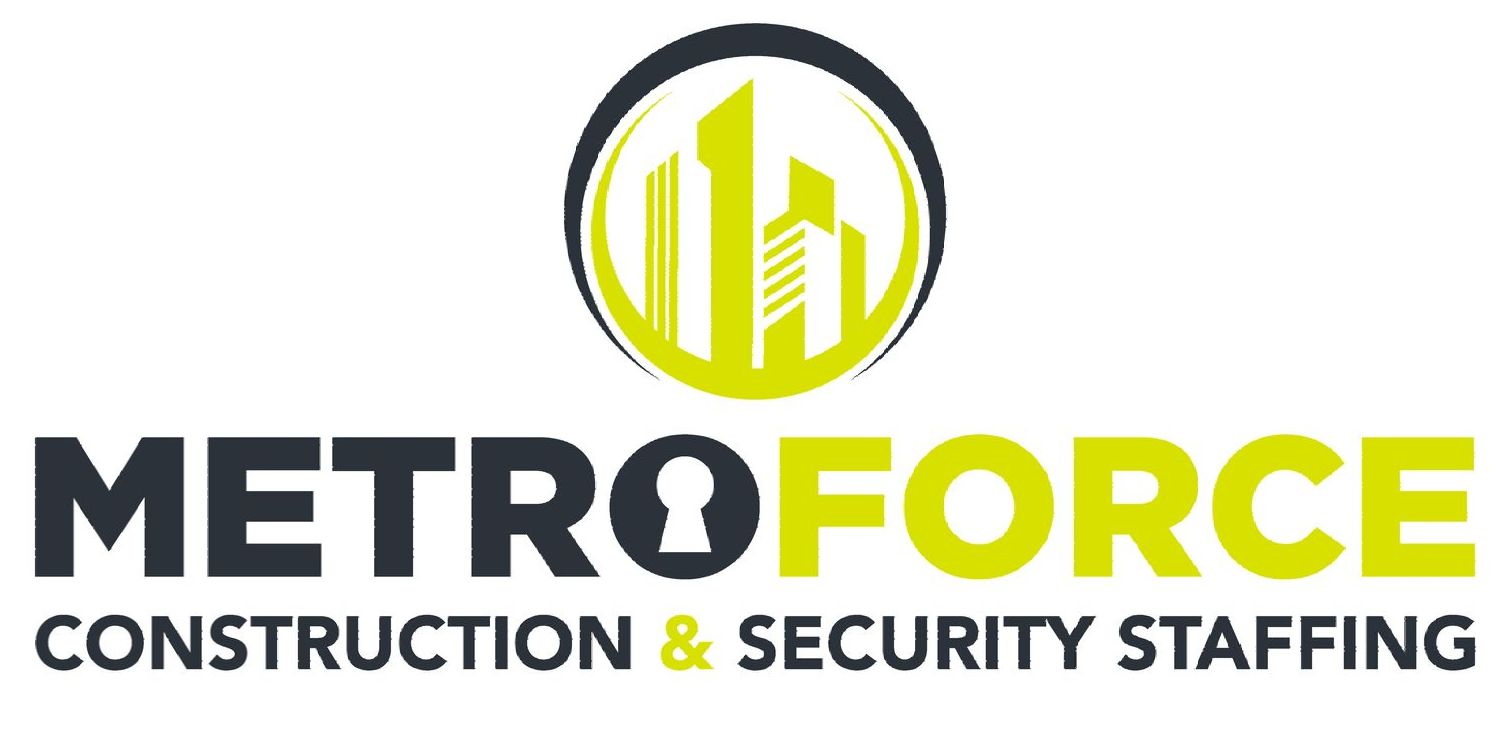 A logo for metro force construction and security staffing.