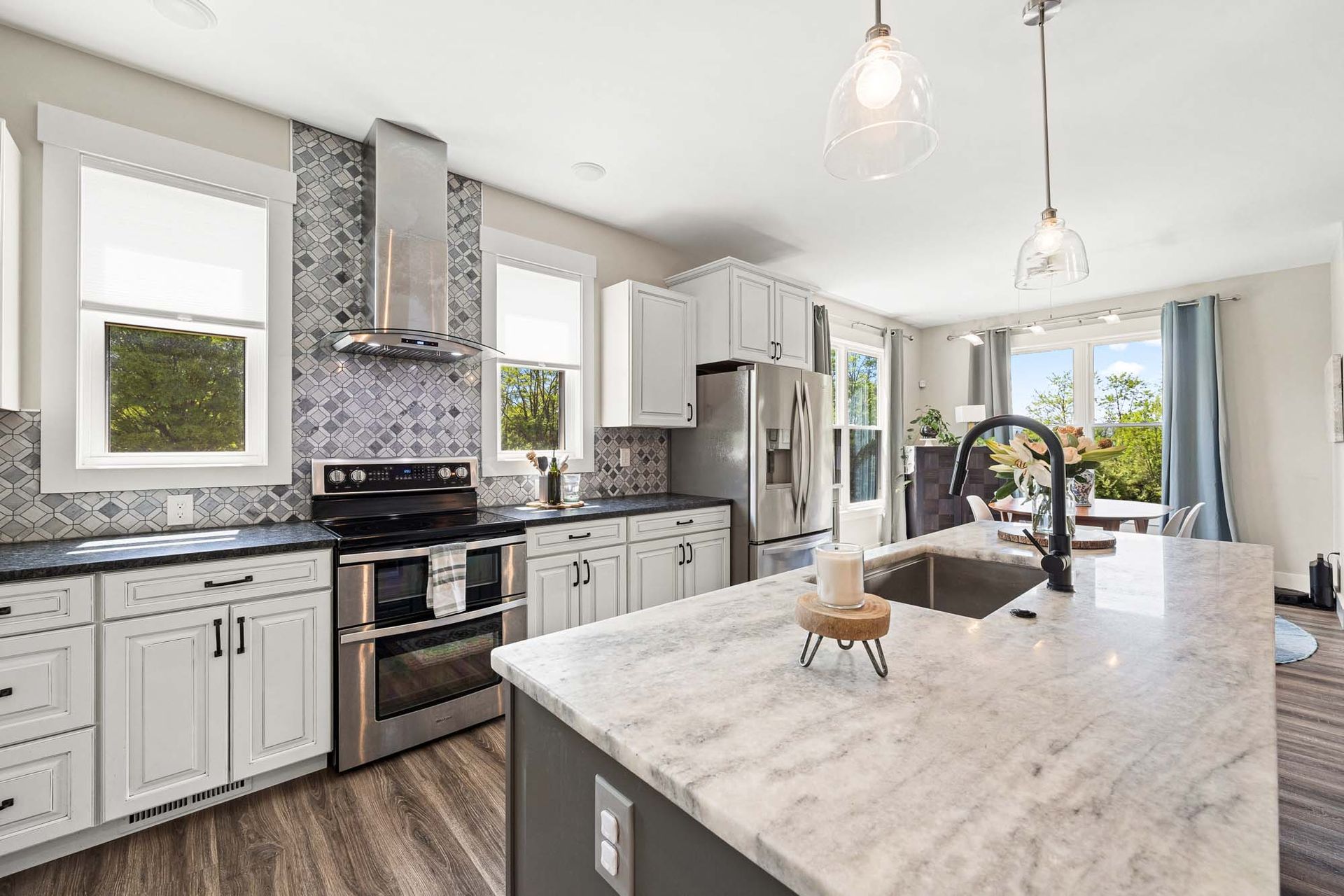 Kitchen with island and pendant lighting