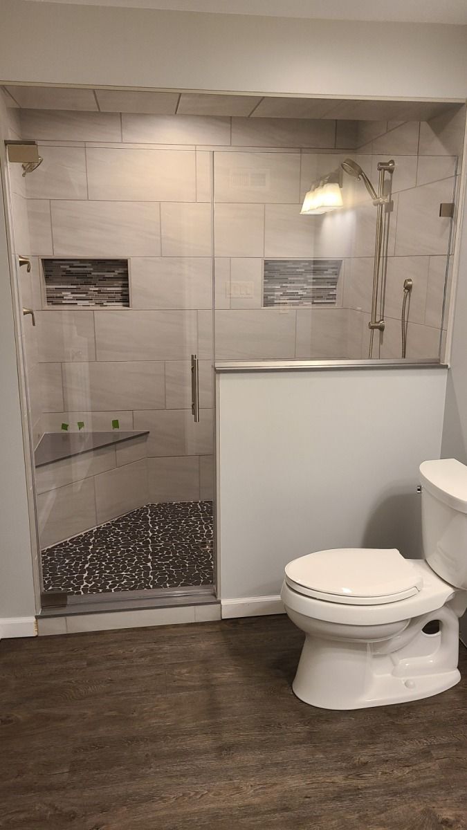 A bathroom with a toilet and a walk in shower.