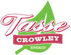 Logo for Tasse Crowley Energy, red text on green leaf.