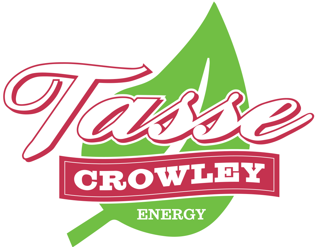 Logo for Tasse Crowley Energy, red text on green leaf.