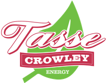 Logo for Tasse Crowley Energy, red text on green leaf.