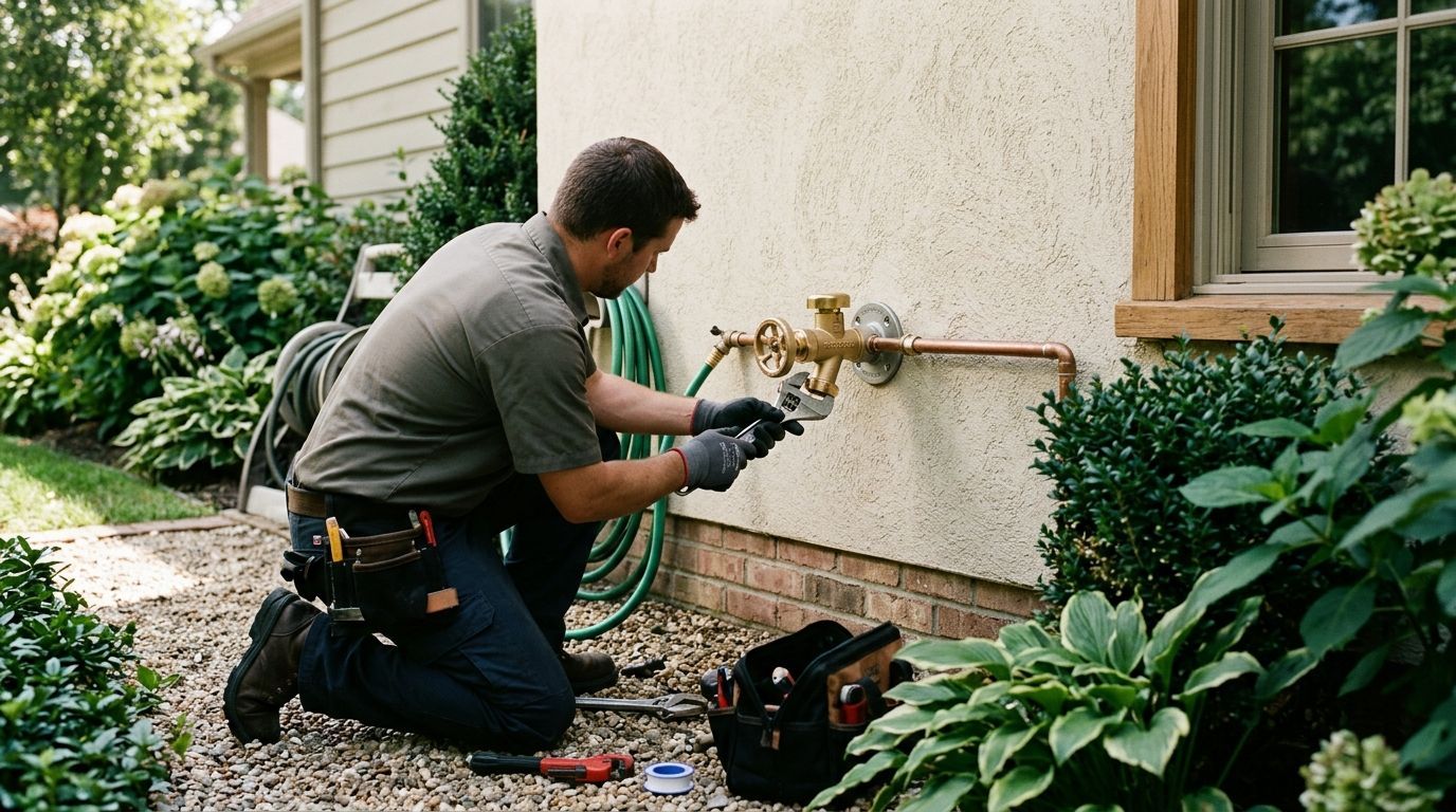 Technician repairing an outdoor gas meter on a house exterior, kneeling beside tools and tubing.