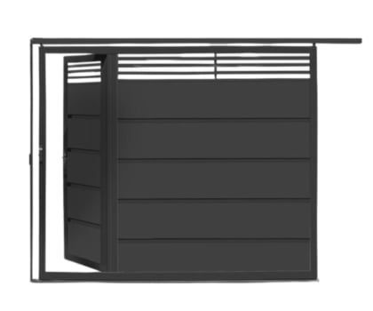 Abrigo moderno para arrumação exterior, em cinzento-escuro, com grelhas de ventilação e painéis laterais ripados