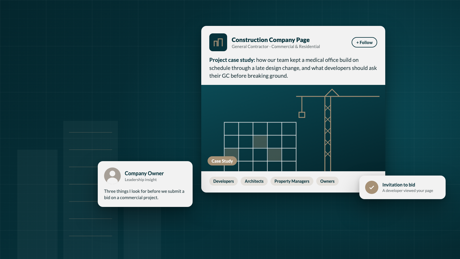 Construction company LinkedIn page post featuring a project case study for developers
