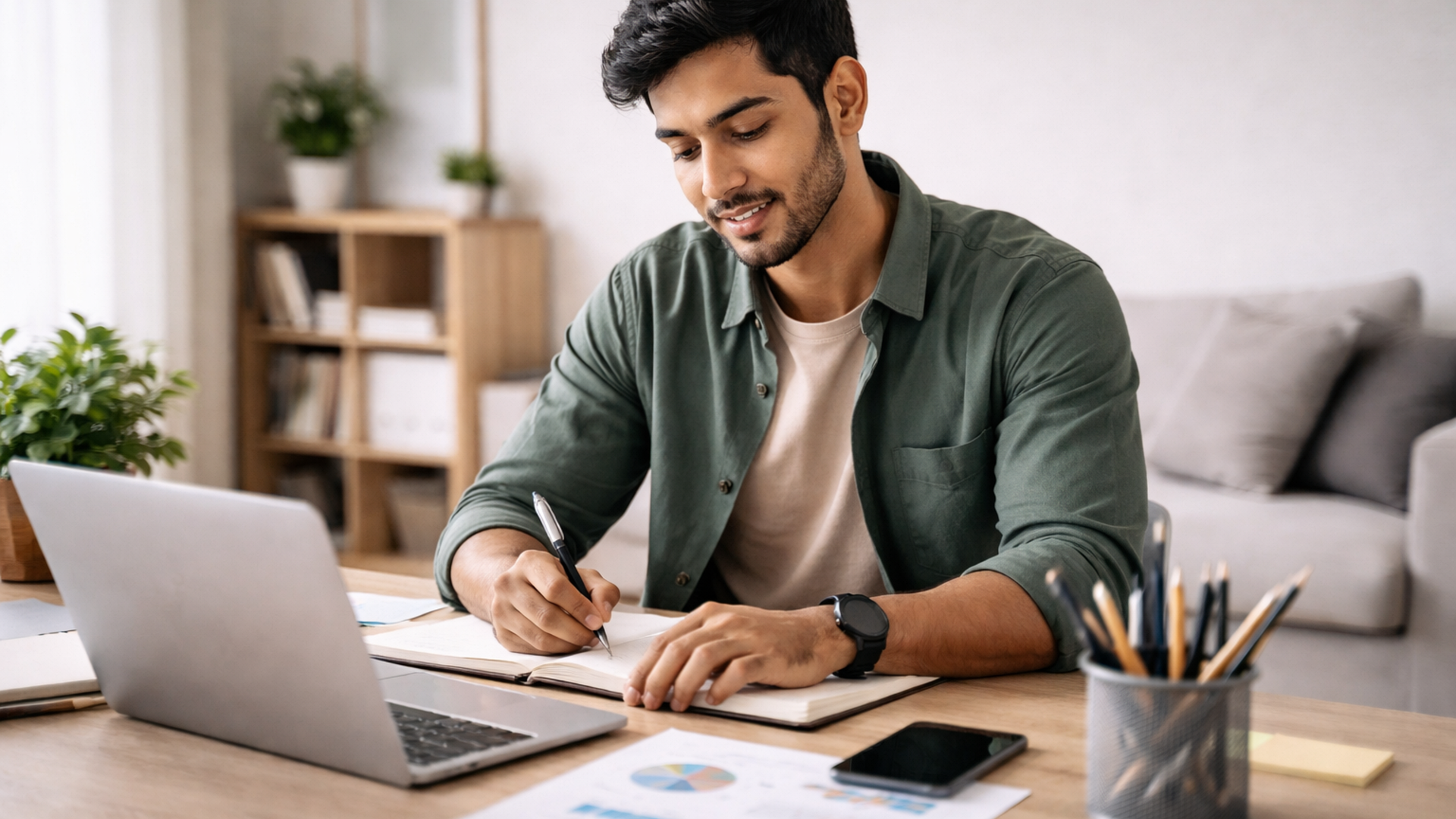 Person writing at a desk with a laptop in a bright home office