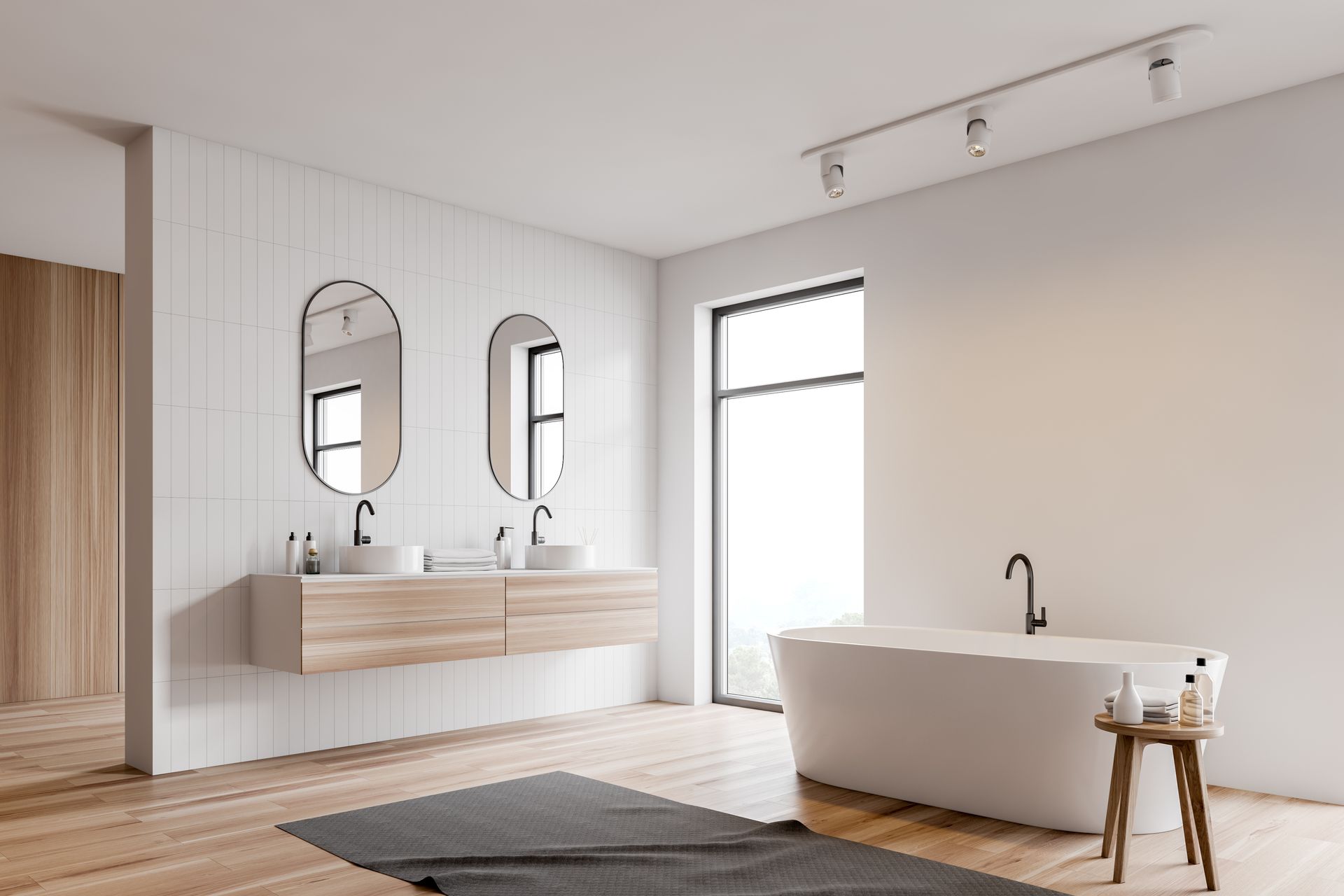 A Bathroom With a Tub, Sinks, Mirrors and a Window — Fast Glass & Glazing In Barraba, NSW