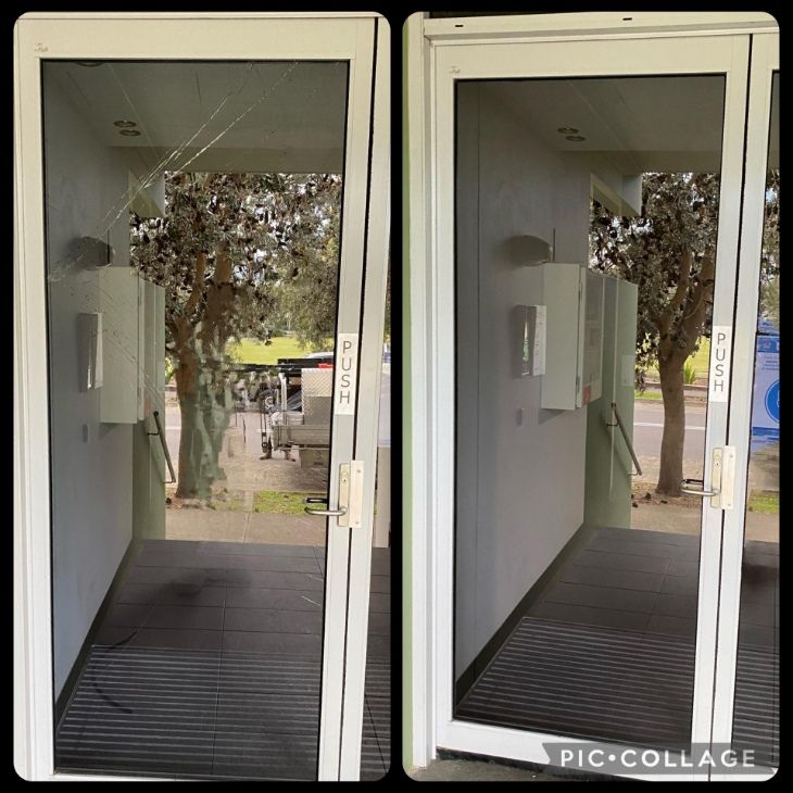 A before and after picture of a window with a yellow tarp on it — Fast Glass & Glazing In Inverell, NSW