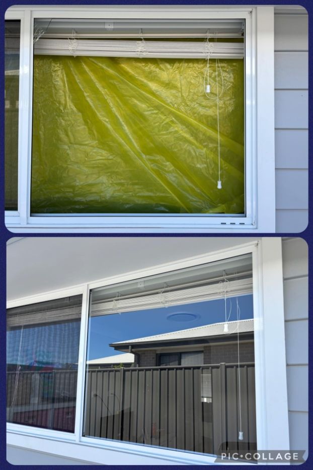 A before and after picture of a window with a yellow tarp on it — Fast Glass & Glazing In Barraba, NSW