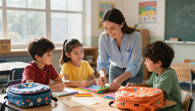 Teacher and students sorting school supplies