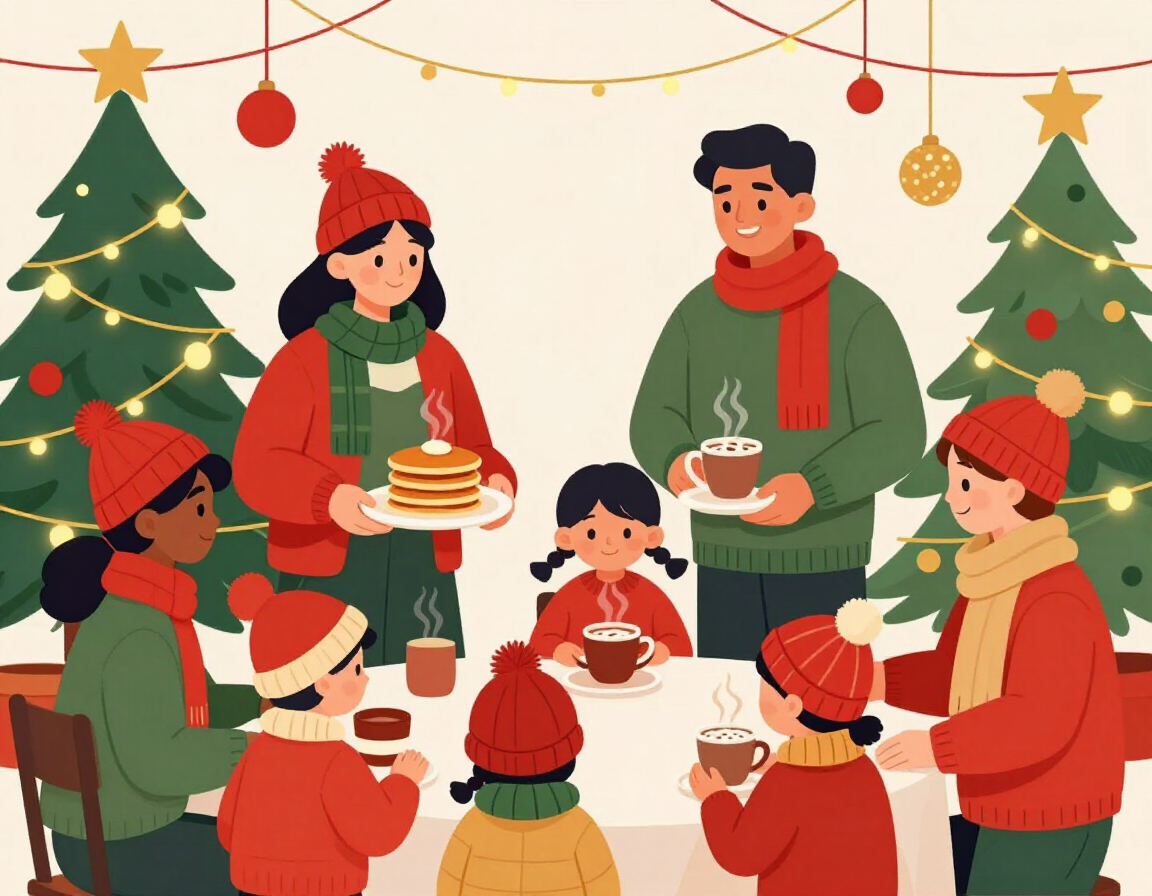 Illustration of volunteers serving breakfast at a festive holiday event
