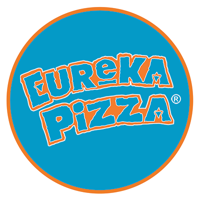 A blue and orange logo for eureka pizza